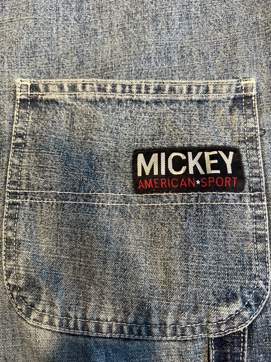 Vintage 90’s Disney Denim Mickey Mouse Overalls Jean Short USA Romper SZ Large - Picture 14 of 15